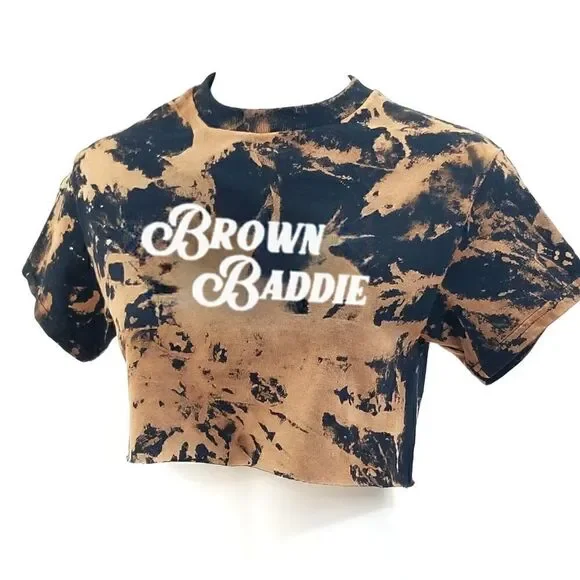 BROWN BADDIE Acid Wash, Distressed "Cropped" Crop Top Rock/Punk style Tee Latina - Picture 3 of 5